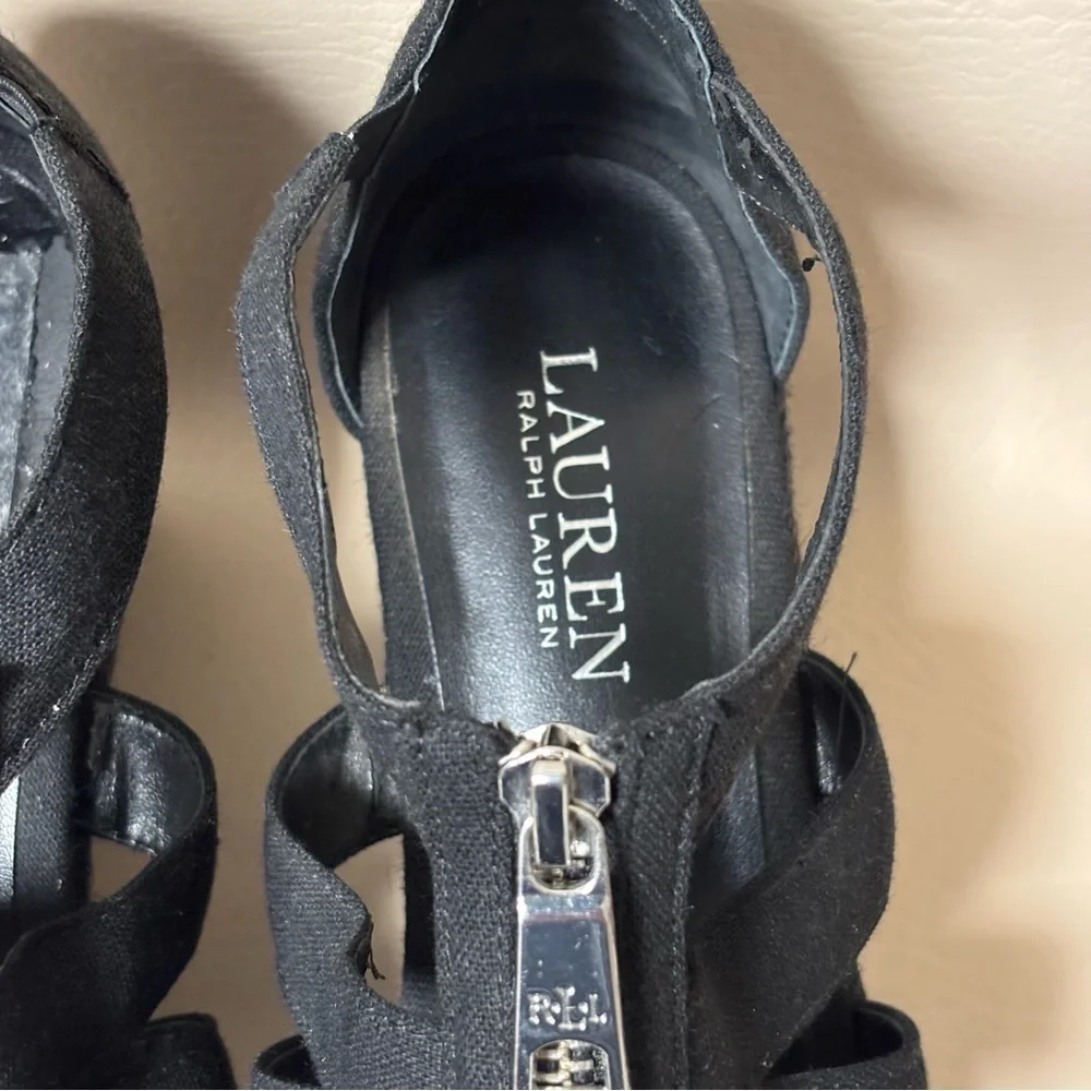 Ralph Lauren Kelcie Fabric Open Toe Casual Espadrille Wedge Sandals  Blk Sz 9